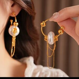 Gold-Tone Pearl Hoop Earrings